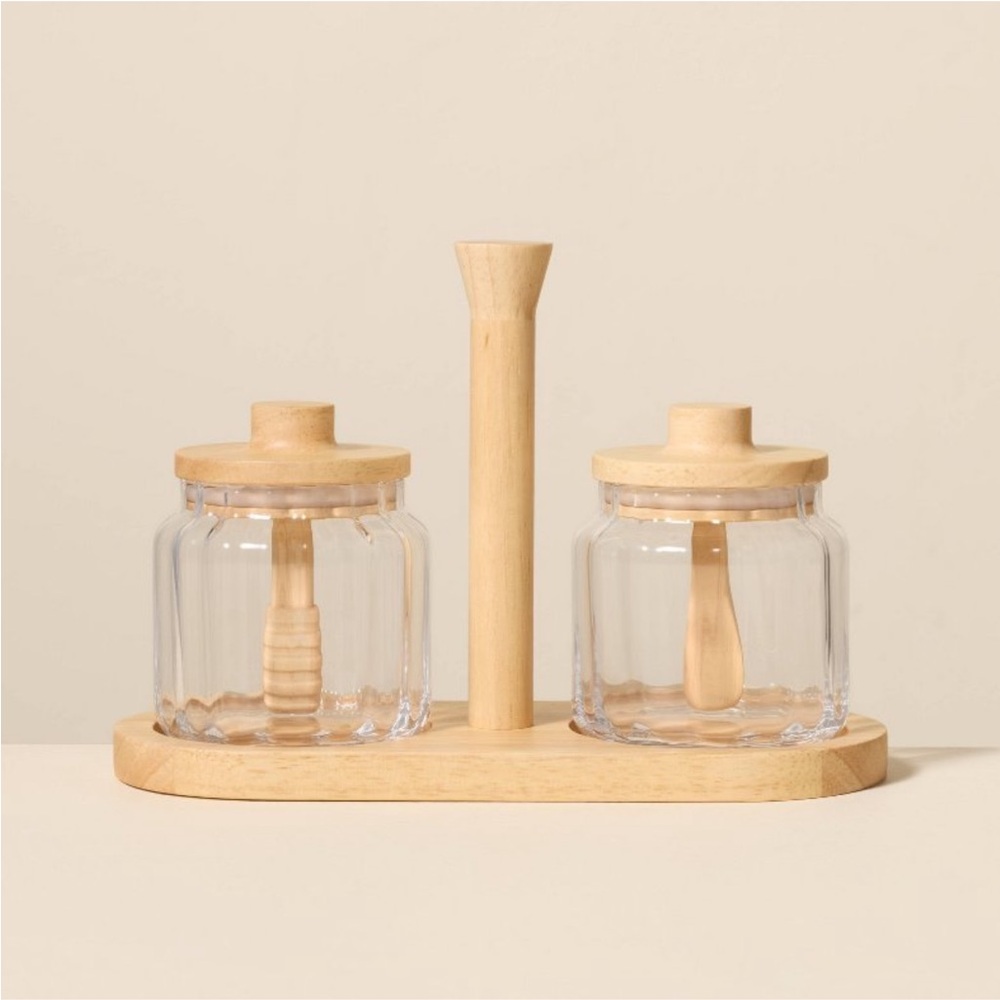 Glass Honey Jam Serve Containers Caddy Glass Spoons Rubberwood Hearth Hand Wood